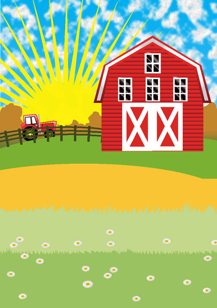 ферма з сонцем і трактором
 - Фото, зображення
