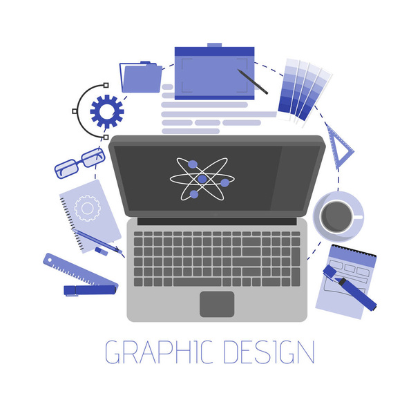Plochý design ve stylu moderní vektorové ilustrace ikony nastavit grafické návrháře položky a nástroje office různé objekty a zařízení. Izolované na stylové barvy pozadí - Vektor, obrázek