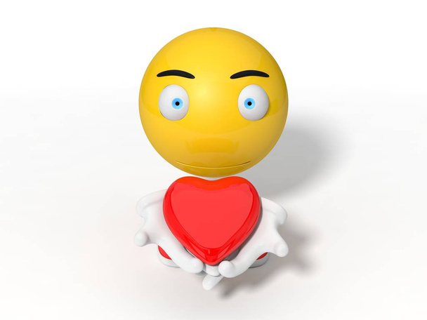 egyszerű kis sárga mosolygó labda karakter. így a piros szív. 3D-s szeretnénk - Fotó, kép