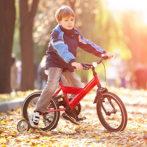 Happy boy with bicycle in the autumn park - Фото, изображение