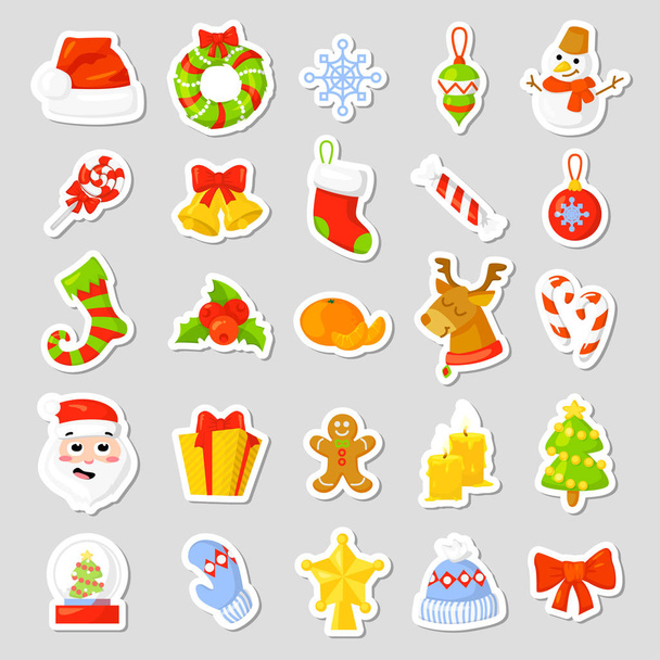 Christmas stickers Set Collection Vector. cartoon. New year traditional symbols. icons objects. Isolated - Vetor, Imagem