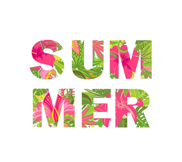 Shirt print with tropical leaves and flowers lettering Summer - Vector, Image