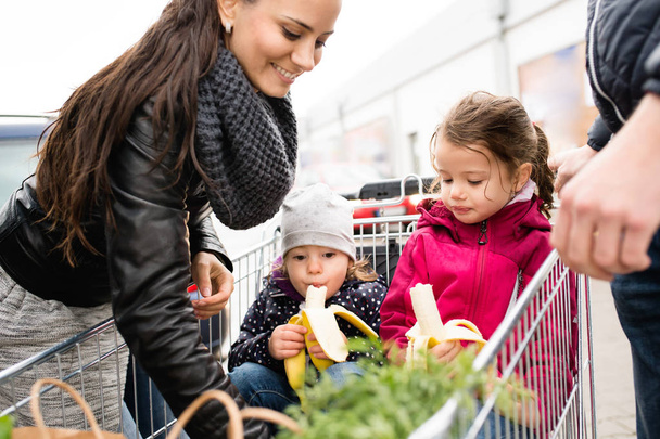 Parents pushing shopping cart with groceries and their daughters - Photo, Image