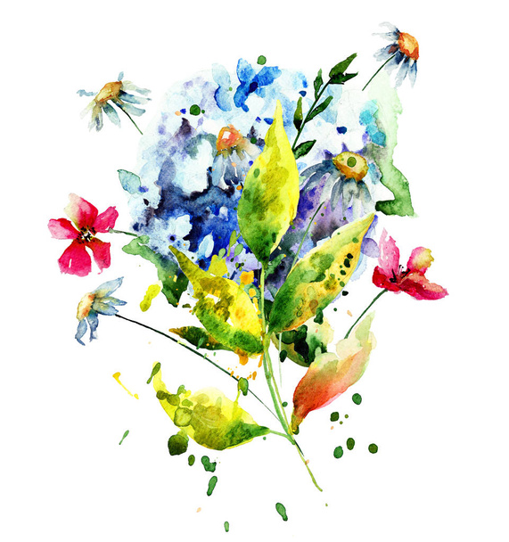 Stylized flowers watercolor illustration - 写真・画像