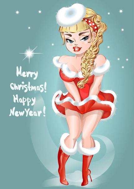 Pin-up Christmas girl, Happy New Year 2017, hand drawn vector - Vecteur, image