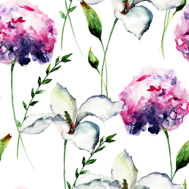 Seamless pattern with Hydrangea with Lily flower - Fotoğraf, Görsel
