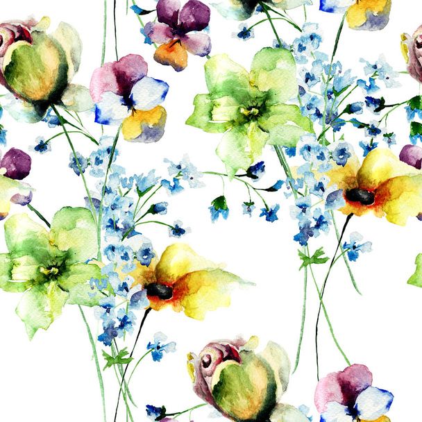 Seamless wallpaper with Beautiful wild flowers - 写真・画像