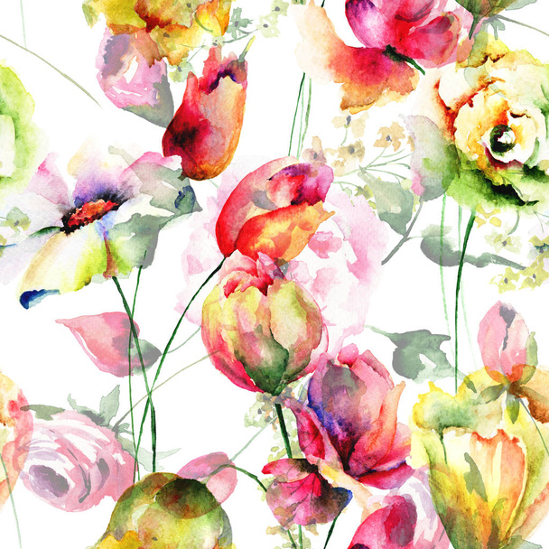 Seamless pattern with Stylized flowers - Fotoğraf, Görsel