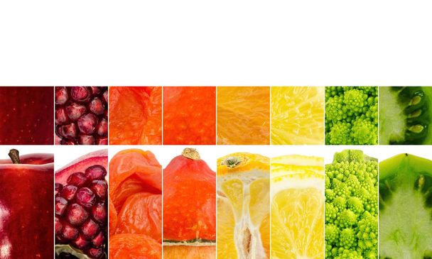 Eläviä hedelmiä ja vihanneksia kollaasi, tyhjä terveellistä ruokaa painoksia
. - Valokuva, kuva