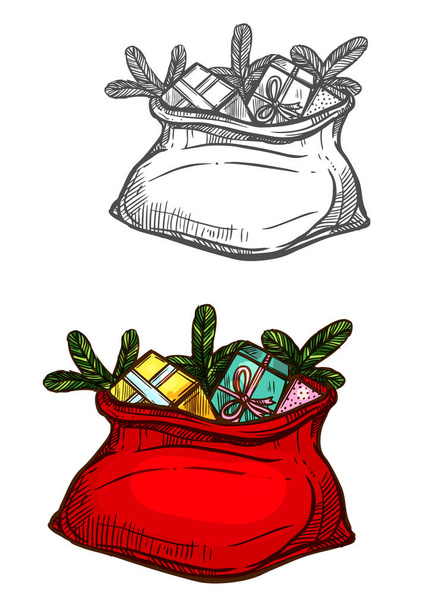 Santa vánoční dárky pytel vak izolované skica - Vektor, obrázek