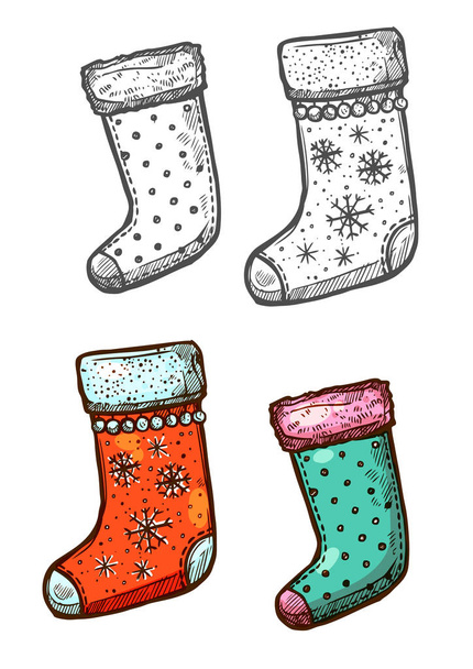 Рождественские подарки чулки изолированные эскизы иконки набор
 - Вектор,изображение