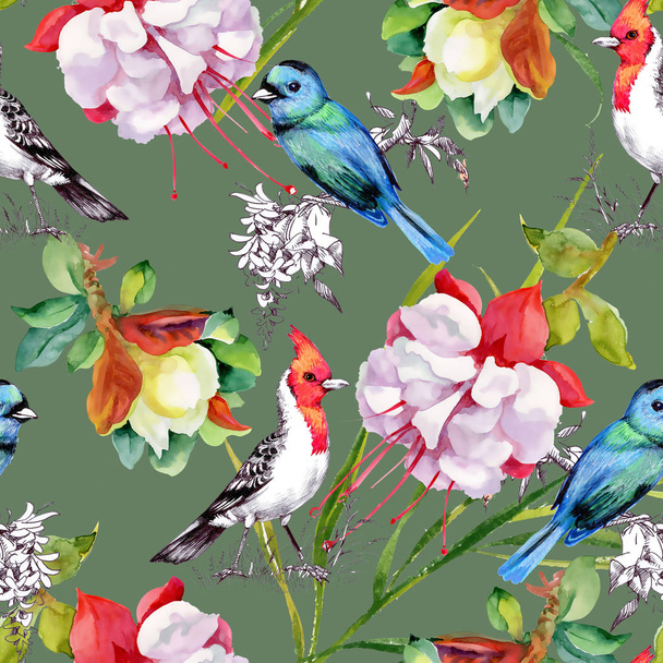 pattern with beautiful flowers and colorful birds   - Φωτογραφία, εικόνα
