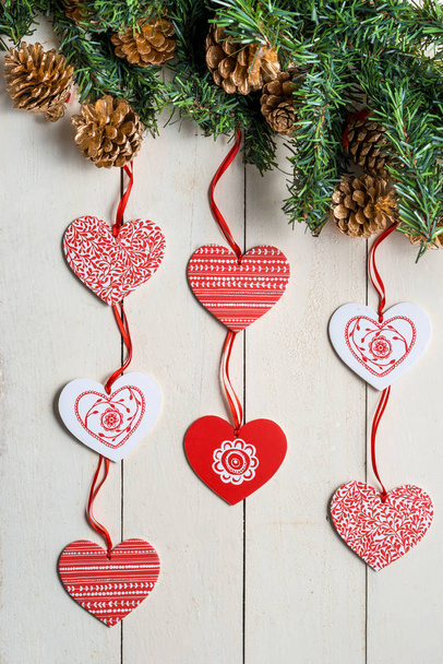 Christmas background with decorations on wooden background. Top  - Foto, Bild