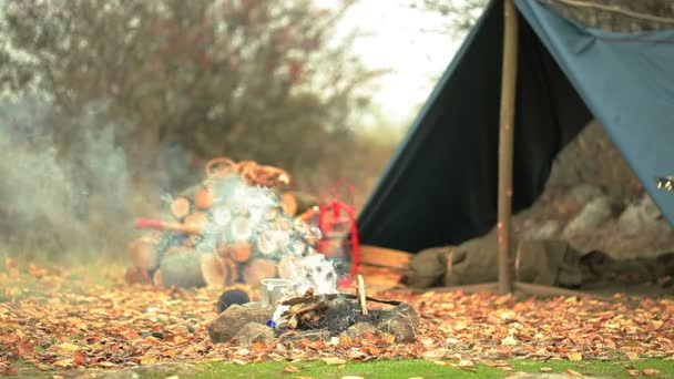  Sonbahar tatil kampı, şenlik ateşi, alüminyum kupa, cezve, balta, çadır. Vintage ateş. - Video, Çekim