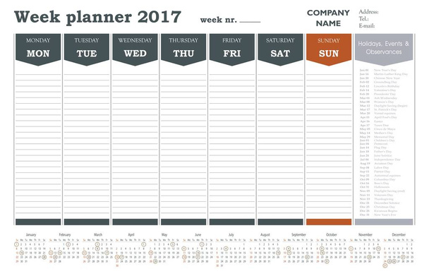 Week planner 2017 calendar for companies and private use - holidays included - Vector, Image