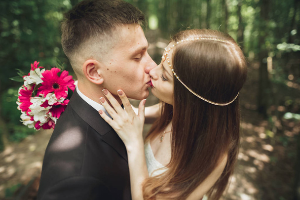 Beautiful young wedding couple is kissing and smiling in the park - Foto, immagini