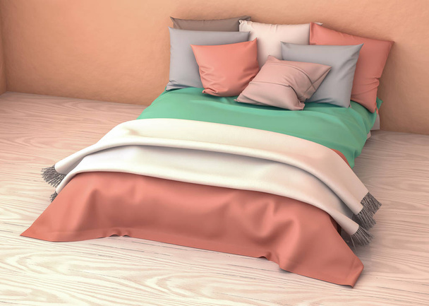 Ilustração do quarto da cama 3D. Conceito confortável de relaxamento
 - Foto, Imagem
