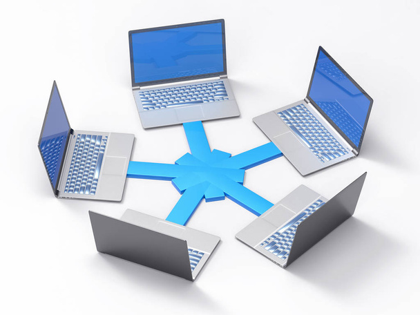 3D geïsoleerd netwerk Lan Data Laptops. Informatie Teamwork Conce - Foto, afbeelding