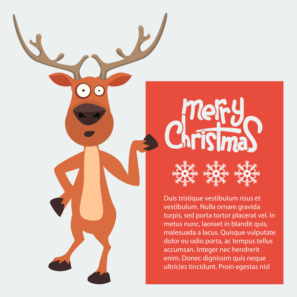 Natal dos desenhos animados renas Santas apontando para um sinal
 - Vetor, Imagem