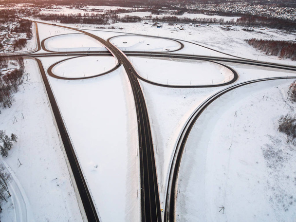 winter road junction in the countryside aerial view  in the form of butterfly - Φωτογραφία, εικόνα