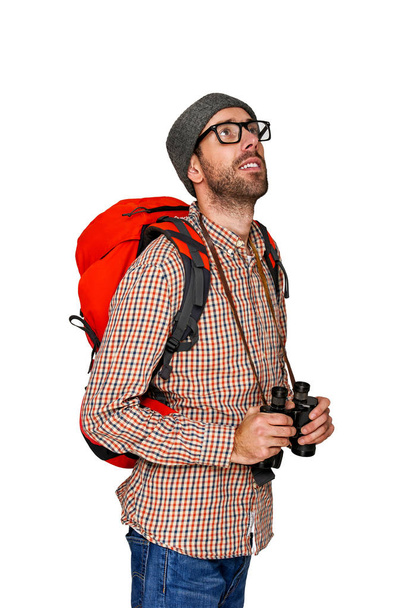 Hiker man tourist. Hiking. Isolated over white background. - 写真・画像