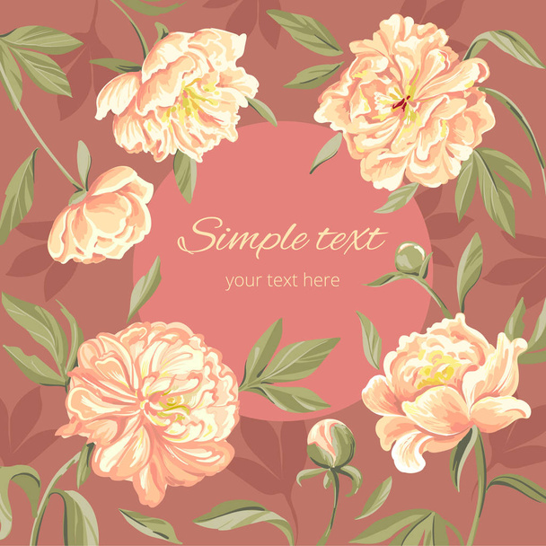 Peony background with a round label - Διάνυσμα, εικόνα