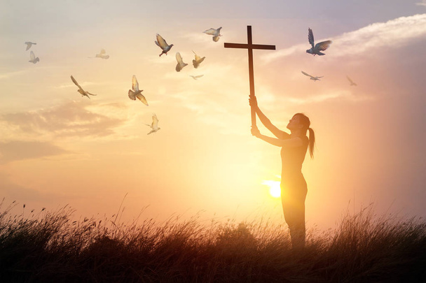 Женщина, молящаяся с крестом и летающей птицей на закате
  - Фото, изображение