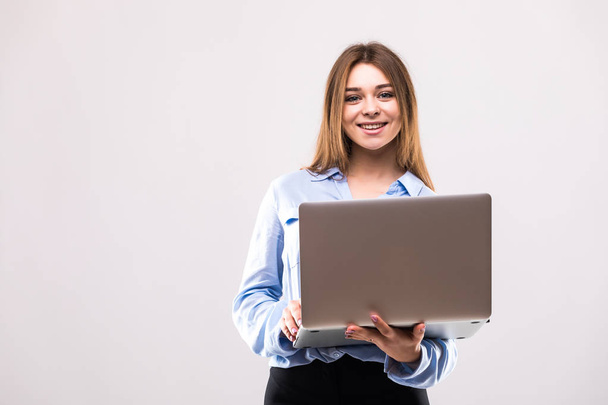 Girl with laptop in white background - Valokuva, kuva