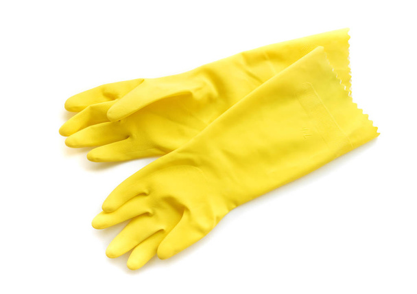 Žluté gumové rukavice pro čištění na bílém pozadí, špitálu koncepce - Fotografie, Obrázek