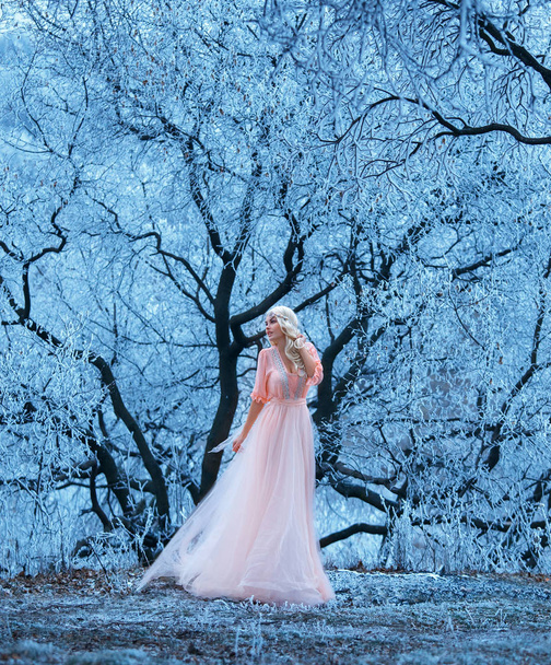 Beautiful young girl walks one among snowy trees. - Fotó, kép