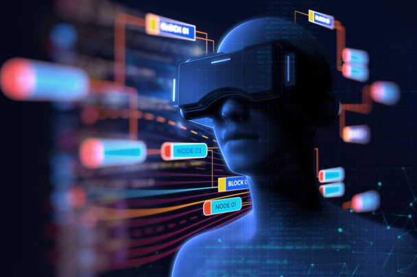 Rendering 3d di umani virtuali in VR headset su tecnologia futuristica
 - Foto, immagini