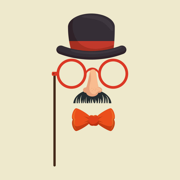 masker gentleman hoed en bril snor bowtie - Vector, afbeelding