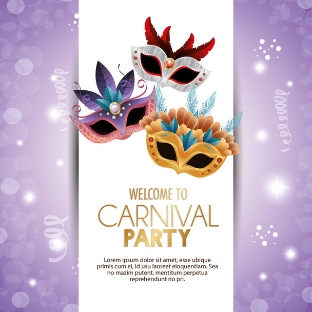 Willkommen Karnevalsparty niedliche Masken mit Federn hell lila Hintergrund - Vektor, Bild