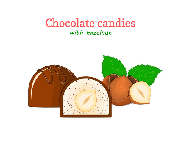Vektor csokoládé cukorka illusztráció. Két csokoládé és egy darab egész mell édes mogyoró halmaza. Finom édesség, menü tervezése, kártyák, cukorka csomagolás - Vektor, kép