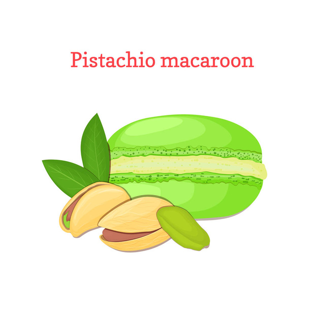 Векторная иллюстрация вкусного французского десерта. Фисташка из макарона. Макарон зеленый ореховый сладость изолированы на белом фоне для дизайна меню, упаковки, кондитерские украшения
 - Вектор,изображение