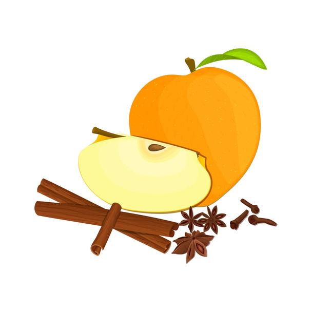 Dibujo vectorial de unas manzanas con especias. Manzana amarilla frutas enteras, mitad, rebanada y anís canela Grupo sabroso diseño colorido para el jugo de embalaje, desayuno, alimentación saludable, vegetariano
 - Vector, imagen