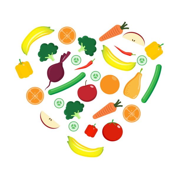 fruit and vegetable. icons set in heart shape. vegetarian , organic and healthy food design concept. - Vector, Image