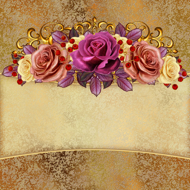 Golden vintage background. Flower garlands of pastel roses. Old style retro. Invitation card. - Фото, изображение