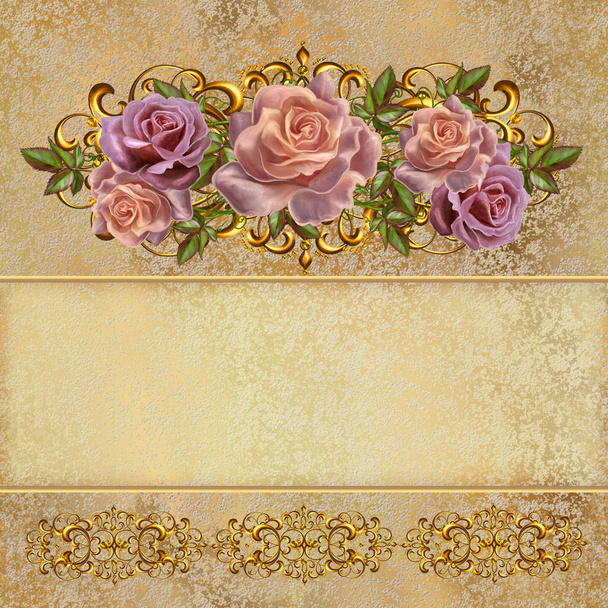 Golden vintage background. Flower garlands of pastel roses. Old style retro. Invitation card. - Foto, afbeelding