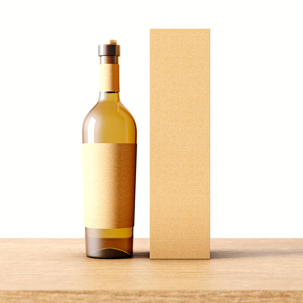 Closeup one transparent glass bottle of wine on the wooden desk, white wall background.Empty glassy container concept with craft mockup label and carton paper bag for bottles.3d rendering. Front view. - Foto, imagen