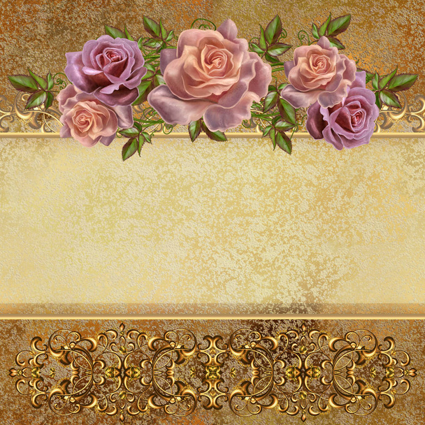 Golden vintage background. Flower garlands of pastel roses. Old style retro. Invitation card. - Фото, изображение
