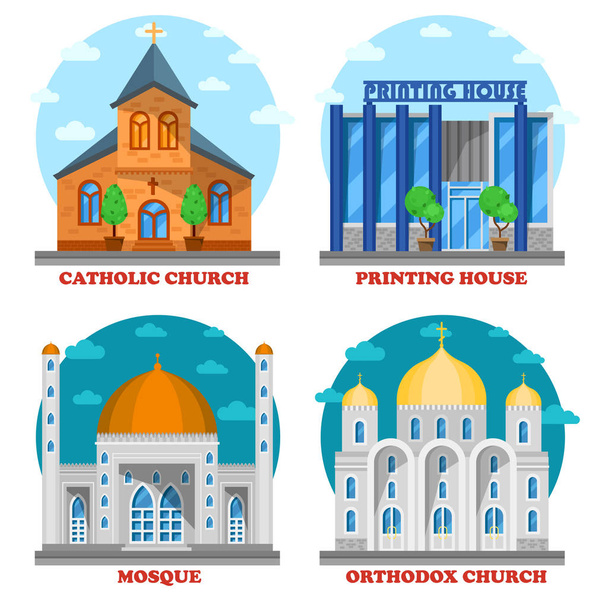 Set of church buildings and printing house facade. - Vector, Image