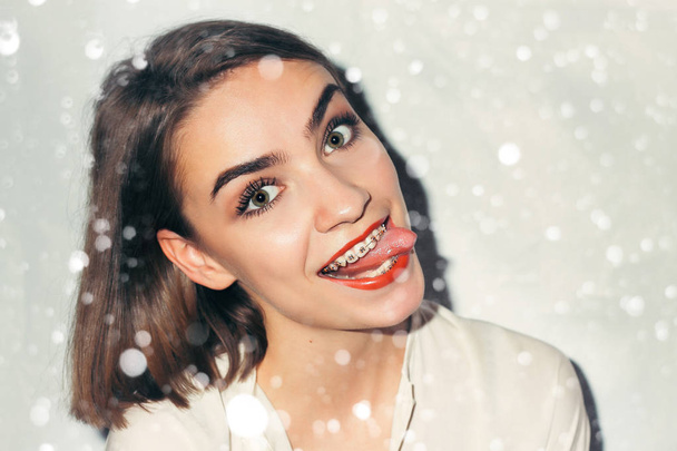 Young woman portrait with dental braces - Foto, Imagem