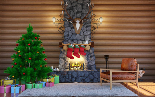 Intérieur de la chambre dans le bâtiment en rondins avec cheminée en pierre. Salon de Noël intérieur
 - Photo, image