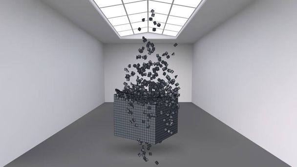 Hanging the cube from a multitude of small polygons in the large empty room. Exhibition space with abstract cubic shapes. The cube at the moment of explosion is divided into fine particles. - Vector, Image