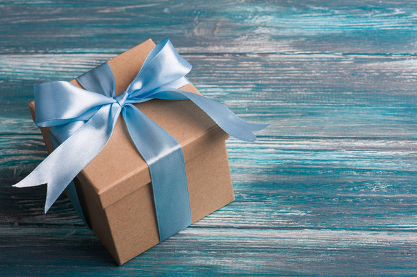 blue bow on handmade present box - Photo, Image