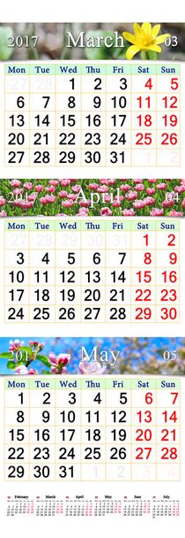 drievoudige kalender voor maart April en mei 2017 met foto's - Foto, afbeelding