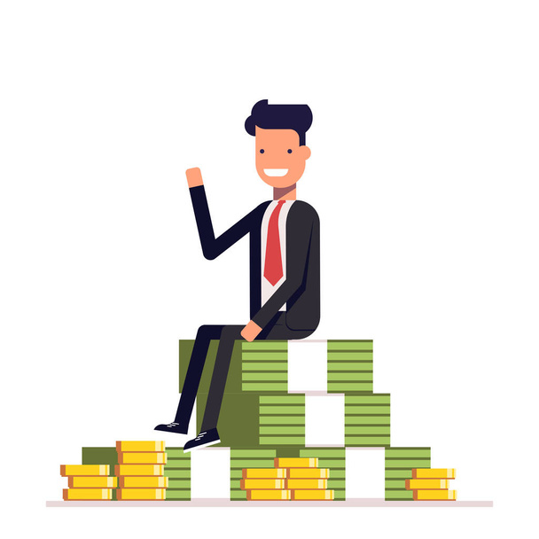 Empresario o gerente está sentado en una gran pila de dinero y saludando. Vector, ilustración EPS10
 - Vector, Imagen