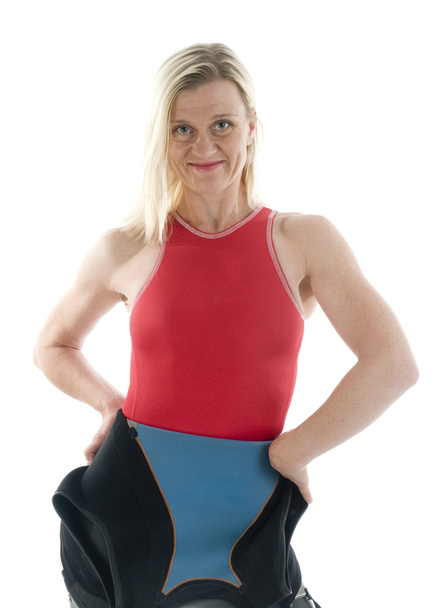 middle age female triathlete in swimming wet suit - Photo, Image