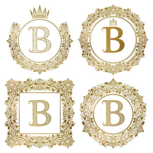 Golden letter B vintage monograms set. Heraldic coats of arms, round and square frames. - Vector, Image